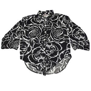Vintage 80s 90s Black Gothic Grunge Roses Print Button Top‎ Women's Size Medium